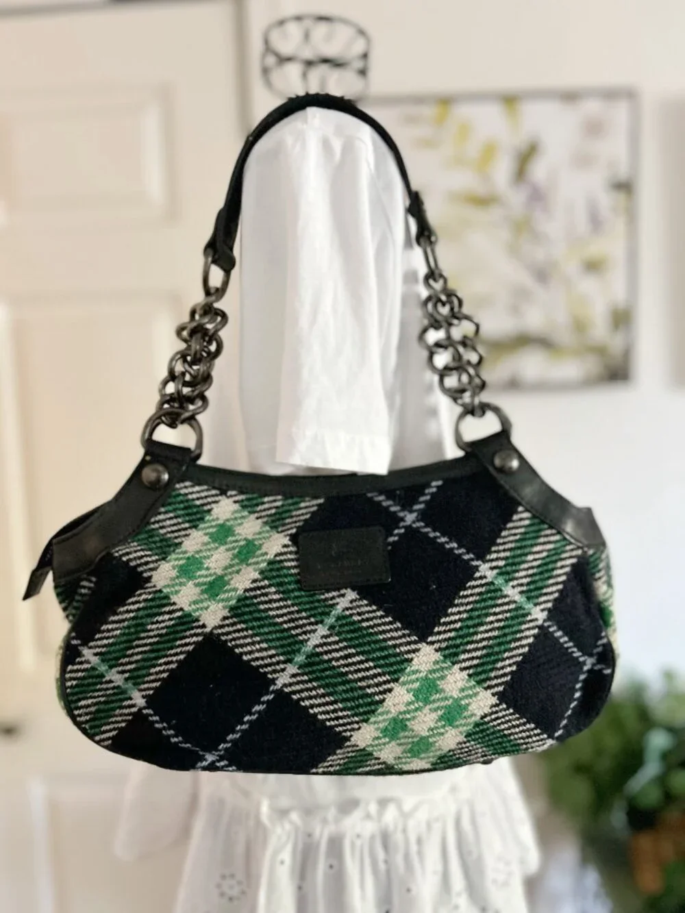 Burberry Black and Green Plaid Shoulder Bag with Chain Strap